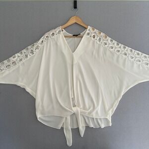 Briefly Blouse Women 1 Ivory Batwing Crochet Sequin Tie Front V-Neck Top Boho